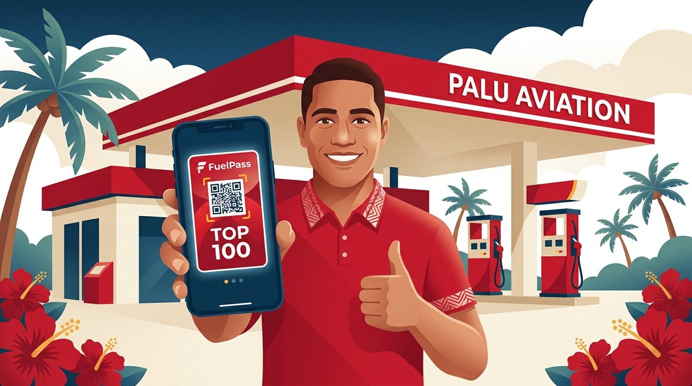 A family member holding a phone with a Palu Fuel FuelPass in front of a Palu station